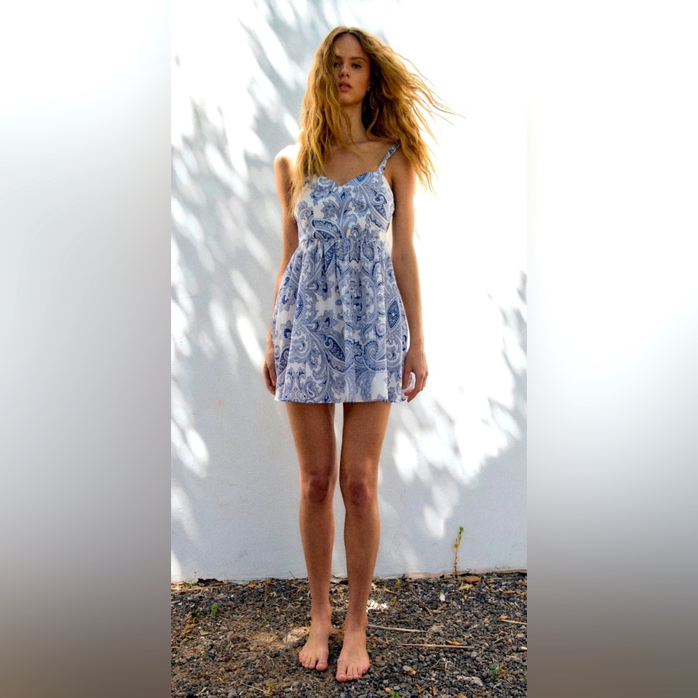 Zara blue white printed paisley cotton linen blend mini dress Medium
